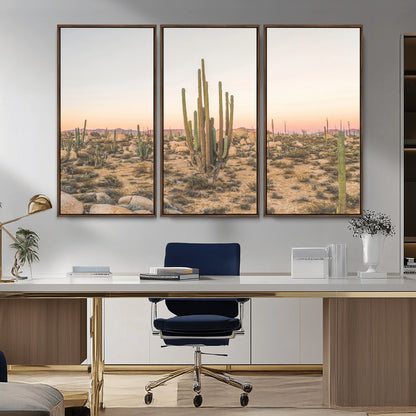 Canvas of tall desert cacti in warm sunset tones over a rocky Baja landscape, ideal for earthy or Southwestern-style home decor.