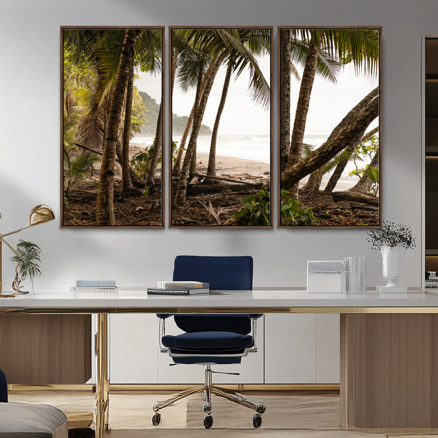 Dense tropical palm trees framing a sandy beach and ocean shore, ideal for jungle or coastal themed interior wall decor.
