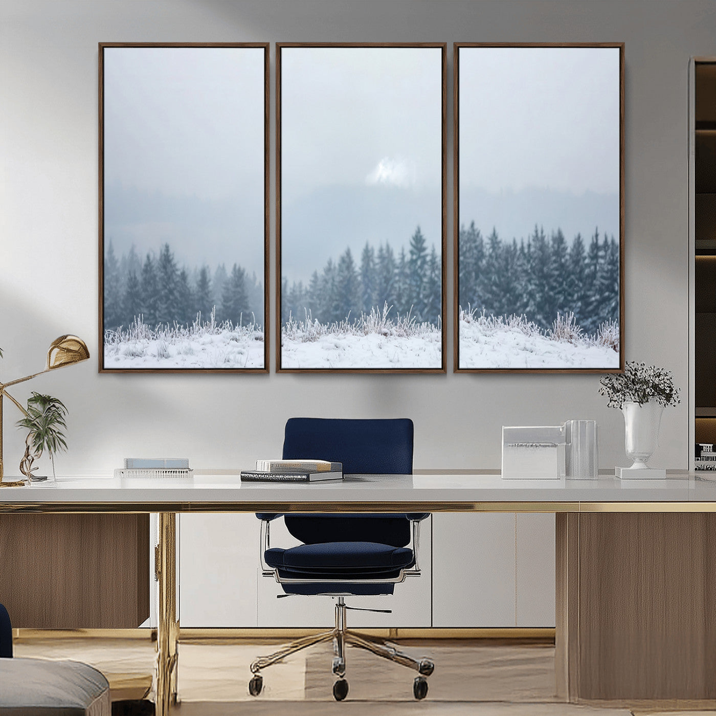 Snow-covered forest under misty sky, soft light breaking through clouds, ideal for minimalist or Nordic-inspired home decor.
