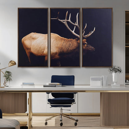 Side view of a majestic elk with large antlers against dark background, perfect for rustic lodge or cabin style home decoration.