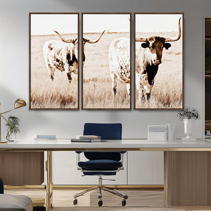Two Texas longhorn cows standing in a sepia-toned pasture, evoking rustic charm perfect for farmhouse or western country interiors. (