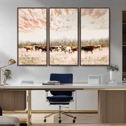Cattle herd in a soft-toned field under a pastel pink sky, creating a peaceful rustic feel, perfect for farmhouse or western-themed spaces.