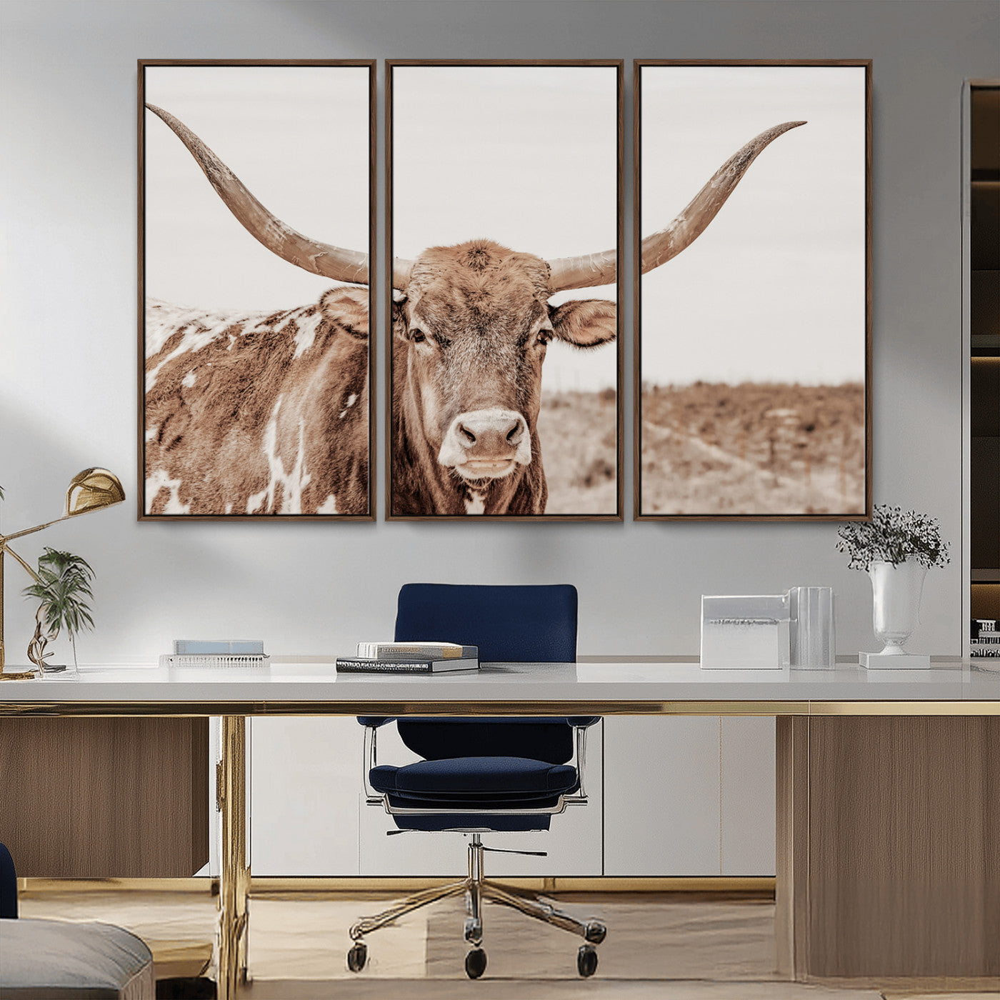A longhorn cow in soft beige desert tones, standing calmly in open land, perfect for neutral western or rustic farmhouse interiors.