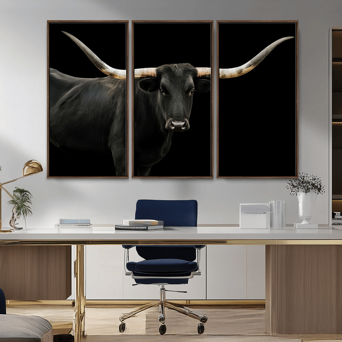 Close-up of a black Texas longhorn with large curved horns on black background, ideal for rustic farmhouse or modern western interiors.