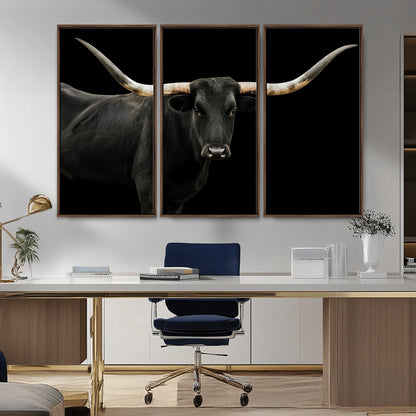 Close-up of a black Texas longhorn with large curved horns on black background, ideal for rustic farmhouse or modern western interiors.
