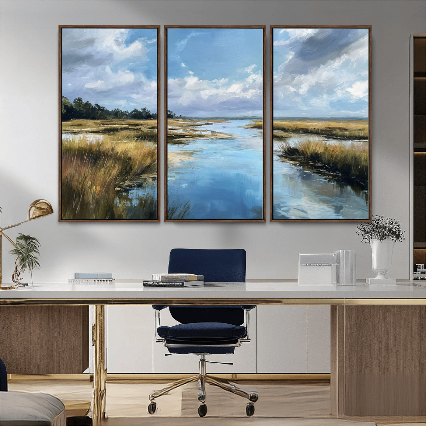 A beautiful, painterly landscape of a calm river winding through a marsh, with vibrant green grasses and a bright blue sky filled with fluffy clouds.