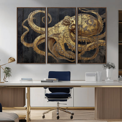 A detailed gold illustration of an octopus on black wooden planks, showing its intricate tentacles and textured skin in an artistic style.