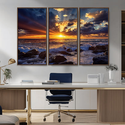An explosive sunset over the ocean with dramatic clouds and rays of sunlight reflecting off the water, creating a vibrant and captivating view.