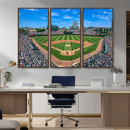 Wrigley Field Baseball Stadium Canvas Wall Art, Packed Crowd Sports Stadium Print, City Skyline Baseball Field Canvas for Game Room Decor