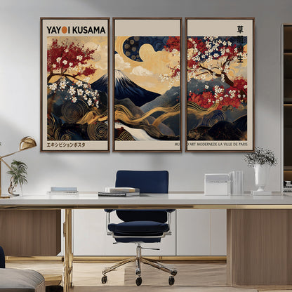 Yayoi Kusama's artwork featuring Mount Fuji, blooming cherry trees, and intricate swirls, blending traditional Japanese elements with vibrant color.