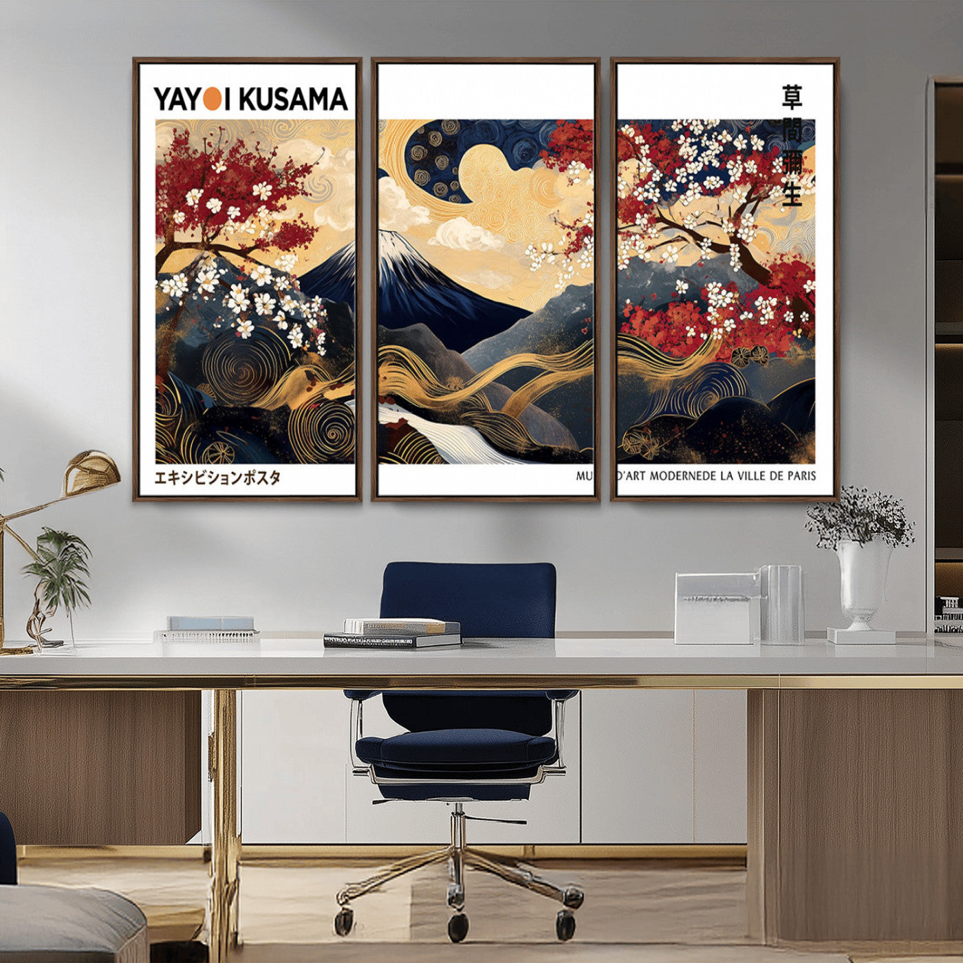 An artwork by Yayoi Kusama featuring Mount Fuji, blooming cherry blossoms, and swirling patterns in a harmonious blend of nature and art.