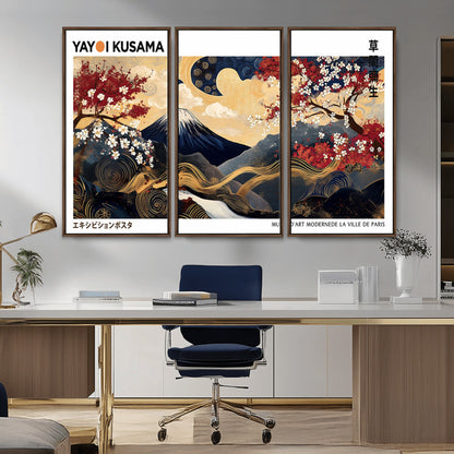 An artwork by Yayoi Kusama featuring Mount Fuji, blooming cherry blossoms, and swirling patterns in a harmonious blend of nature and art.