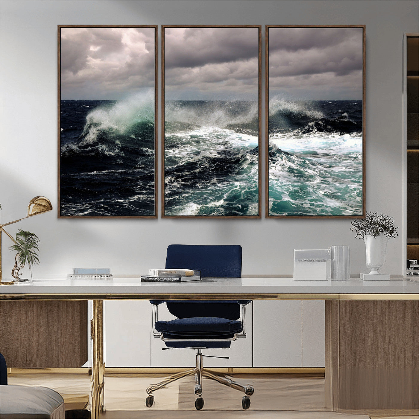 Powerful ocean waves crashing under stormy skies, creating a dynamic and intense seascape.