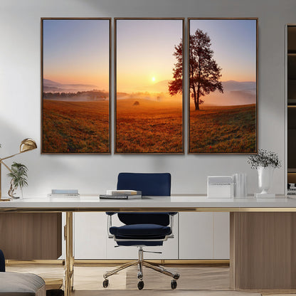 A tranquil landscape at sunrise with a mist-covered field and a lone tree, creating a peaceful and natural atmosphere.