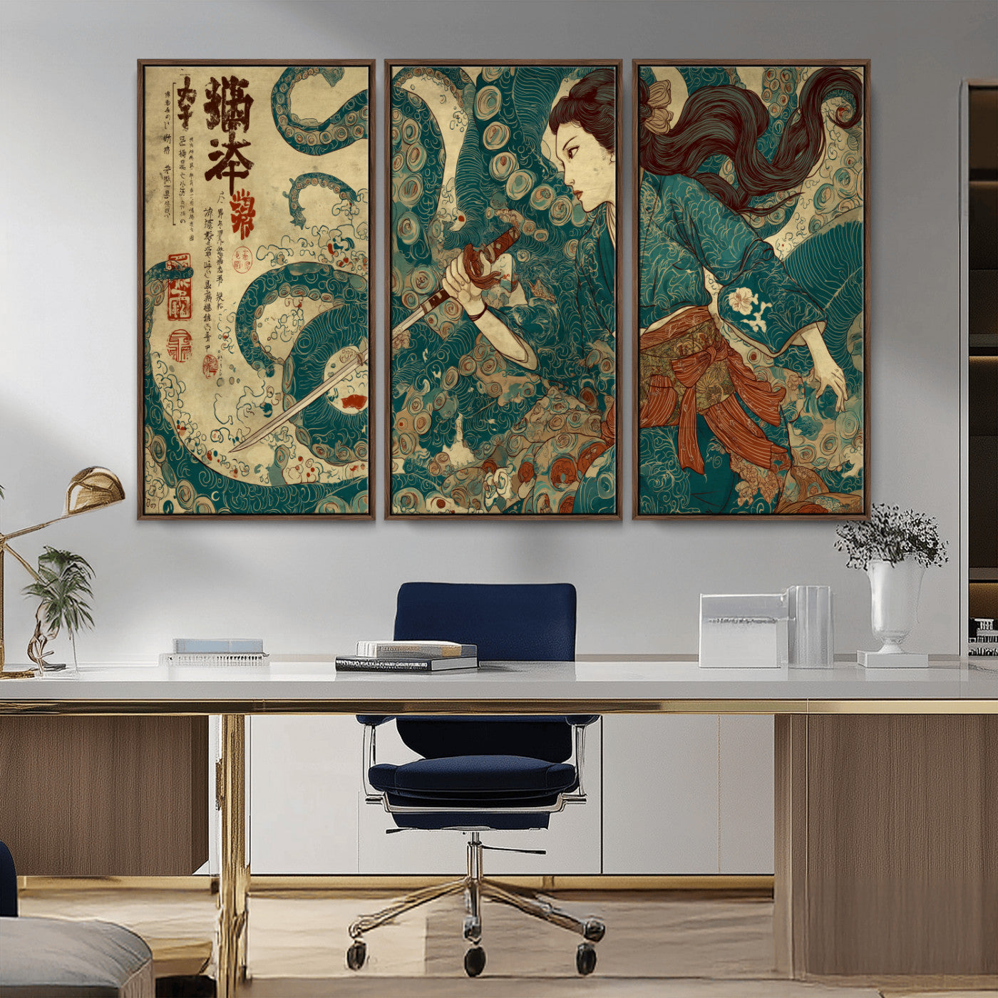 Tsukioka Yoshitoshi Samurai Wall Art Print, Japanese Katana Warrior Canvas Wall Art, Octopus Sea Monster Canvas Print,