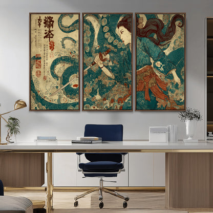Tsukioka Yoshitoshi Samurai Wall Art Print, Japanese Katana Warrior Canvas Wall Art, Octopus Sea Monster Canvas Print,