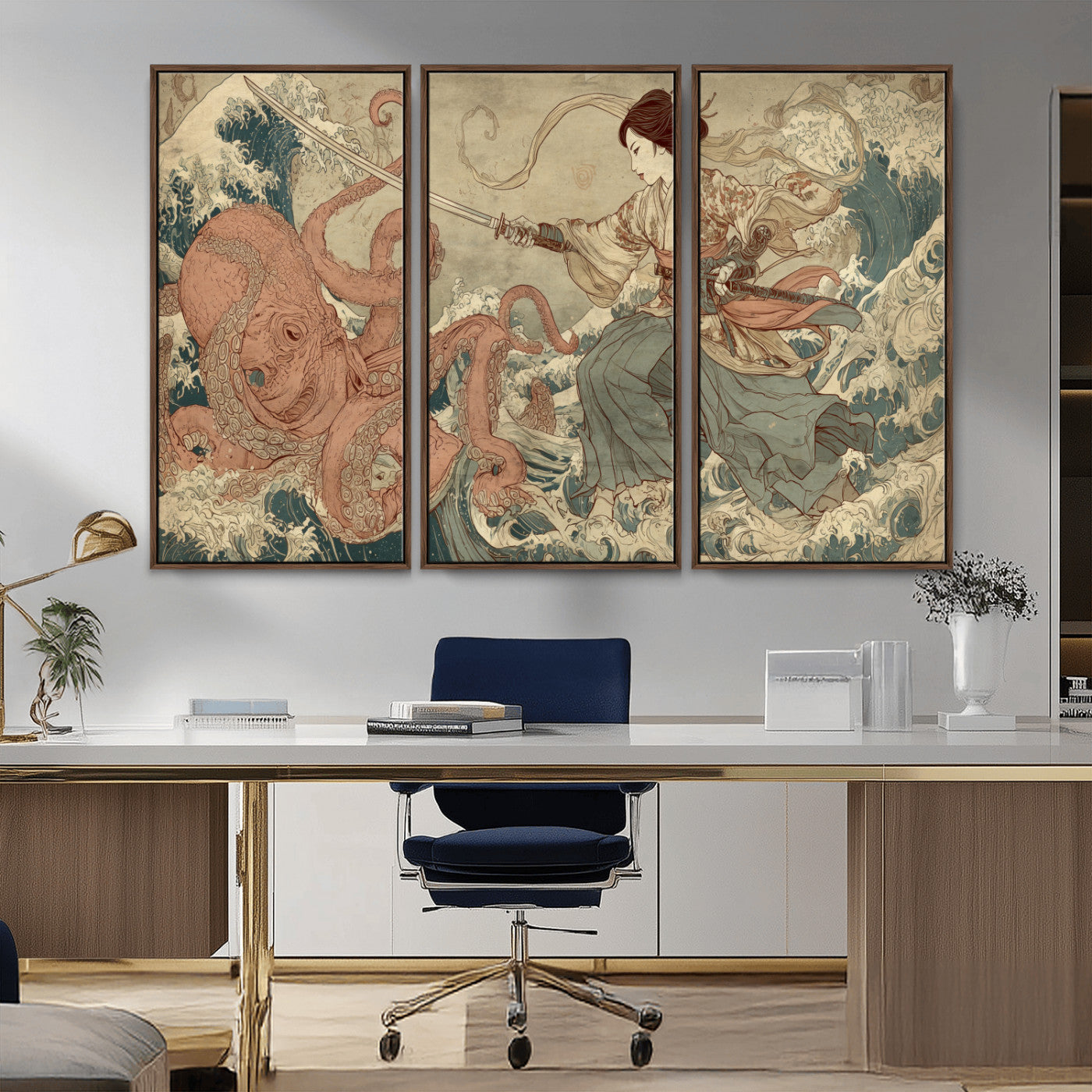 Tsukioka Yoshitoshi Samurai Wall Art Print, Japanese Katana Warrior Canvas Wall Art, Octopus Sea Monster Canvas Print,