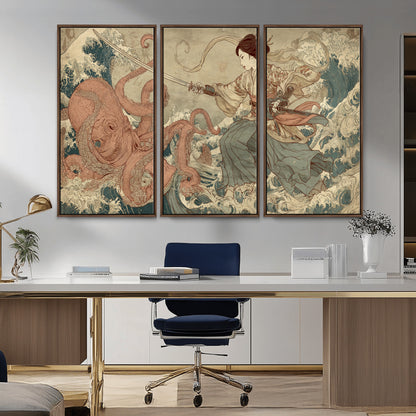 Tsukioka Yoshitoshi Samurai Wall Art Print, Japanese Katana Warrior Canvas Wall Art, Octopus Sea Monster Canvas Print,