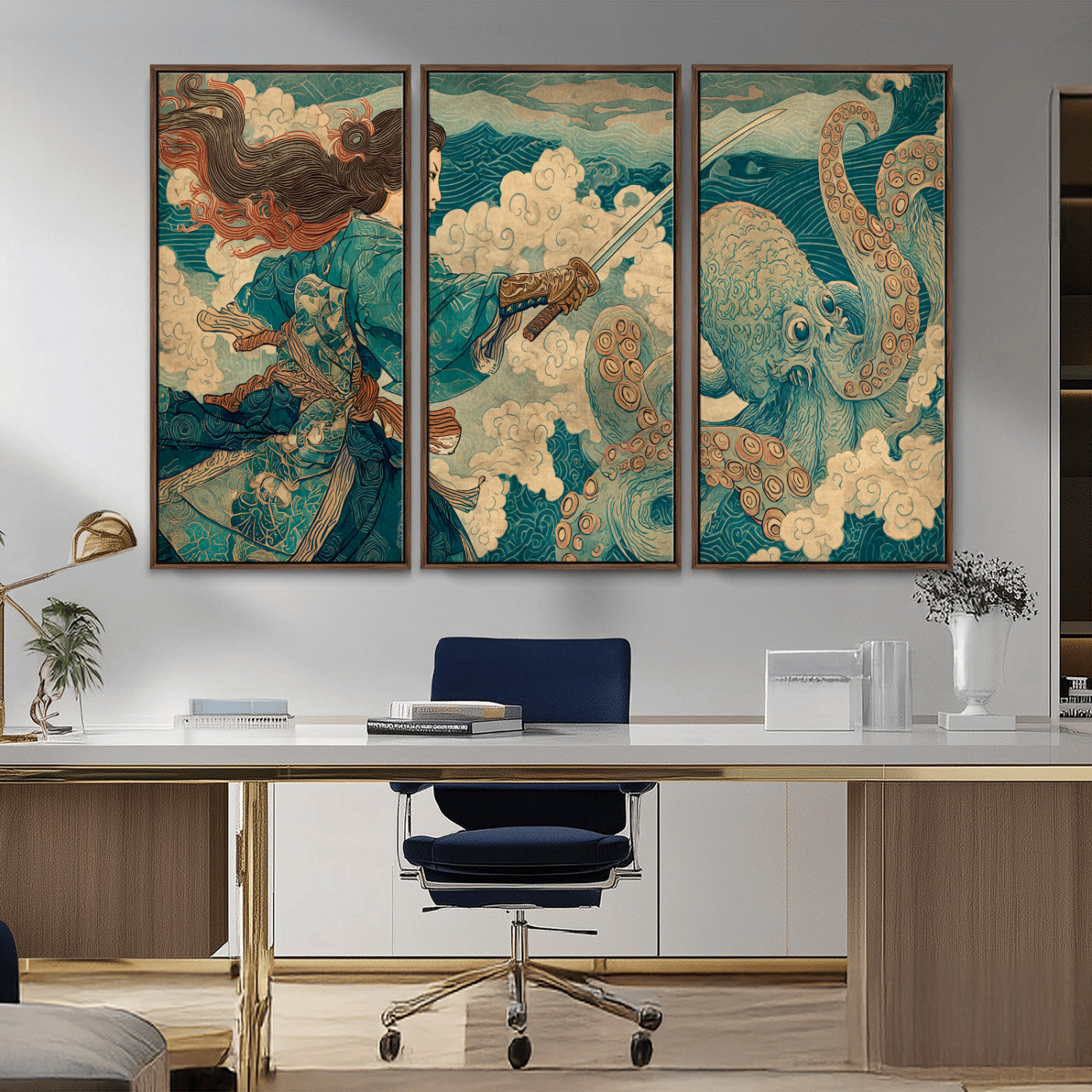 Tsukioka Yoshitoshi Samurai Wall Art Print, Japanese Katana Warrior Canvas Wall Art, Octopus Sea Monster Canvas Print,