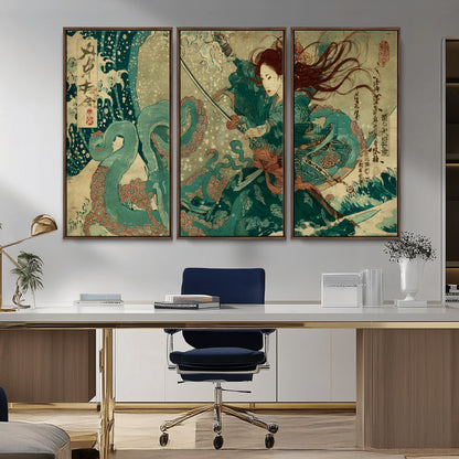 Tsukioka Yoshitoshi Samurai Wall Art Print, Japanese Katana Warrior Canvas Wall Art, Octopus Sea Monster Canvas Print,