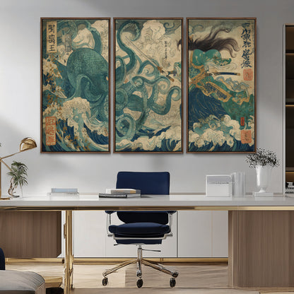 Tsukioka Yoshitoshi Samurai Wall Art Print, Japanese Katana Warrior Canvas Wall Art, Octopus Sea Monster Canvas Print,
