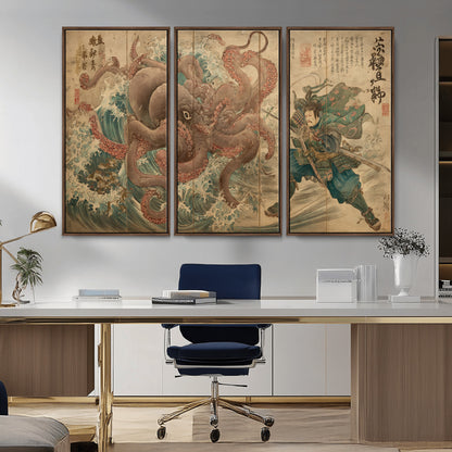 Tsukioka Yoshitoshi Samurai Wall Art Print, Japanese Katana Warrior Canvas Wall Art, Octopus Sea Monster Canvas Print,