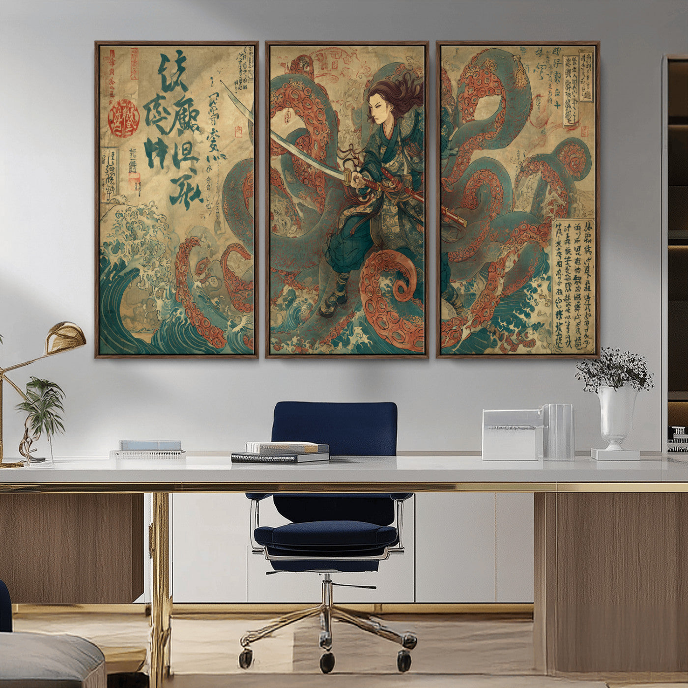 Tsukioka Yoshitoshi Samurai Wall Art Print, Japanese Katana Warrior Canvas Wall Art, Octopus Sea Monster Canvas Print,