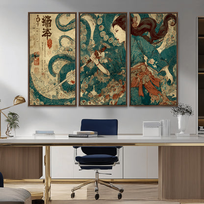 Tsukioka Yoshitoshi Samurai Wall Art Print, Japanese Katana Warrior Canvas Wall Art, Octopus Sea Monster Canvas Print,