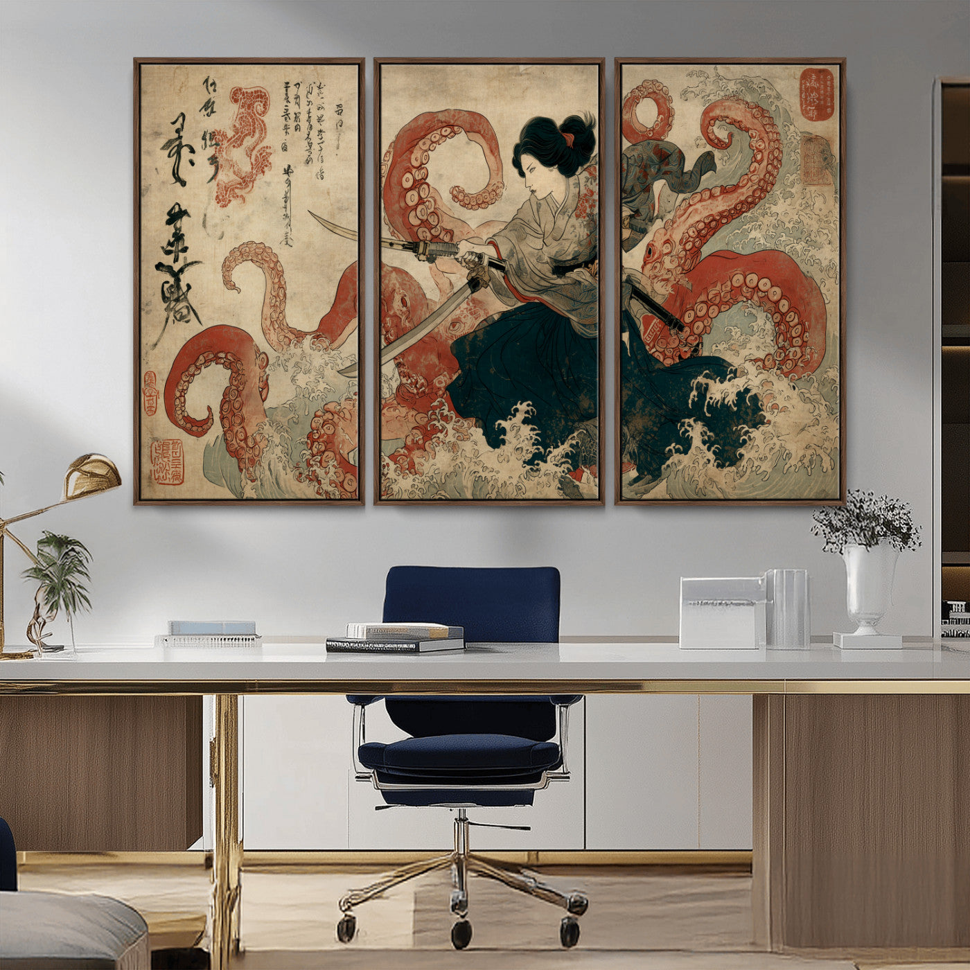Tsukioka Yoshitoshi Samurai Wall Art Print, Japanese Katana Warrior Canvas Wall Art, Octopus Sea Monster Canvas Print,