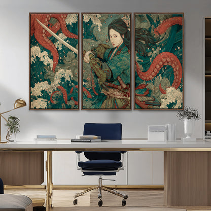 Tsukioka Yoshitoshi Samurai Wall Art Print, Japanese Katana Warrior Canvas Wall Art, Octopus Sea Monster Canvas Print,