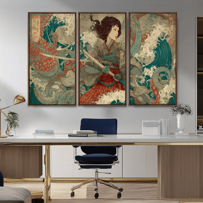 Tsukioka Yoshitoshi Samurai Wall Art Print, Japanese Katana Warrior Canvas Wall Art, Octopus Sea Monster Canvas Print,