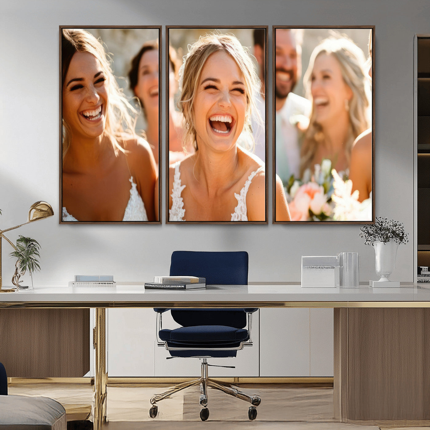 MGV-FC-48X32-3P - Joyful Wedding Wall Art – Laughing Bride and Bridesmaids Canvas Print, Romantic Celebration Photography Decor for Bedroom, Living Room, or Wedding Gift