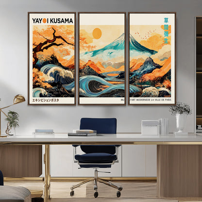 Modern Japanese-style art print featuring a stylized Mount Fuji, flowing waves, and vibrant landscapes in bold colors, inspired by traditional and contemporary aesthetics.