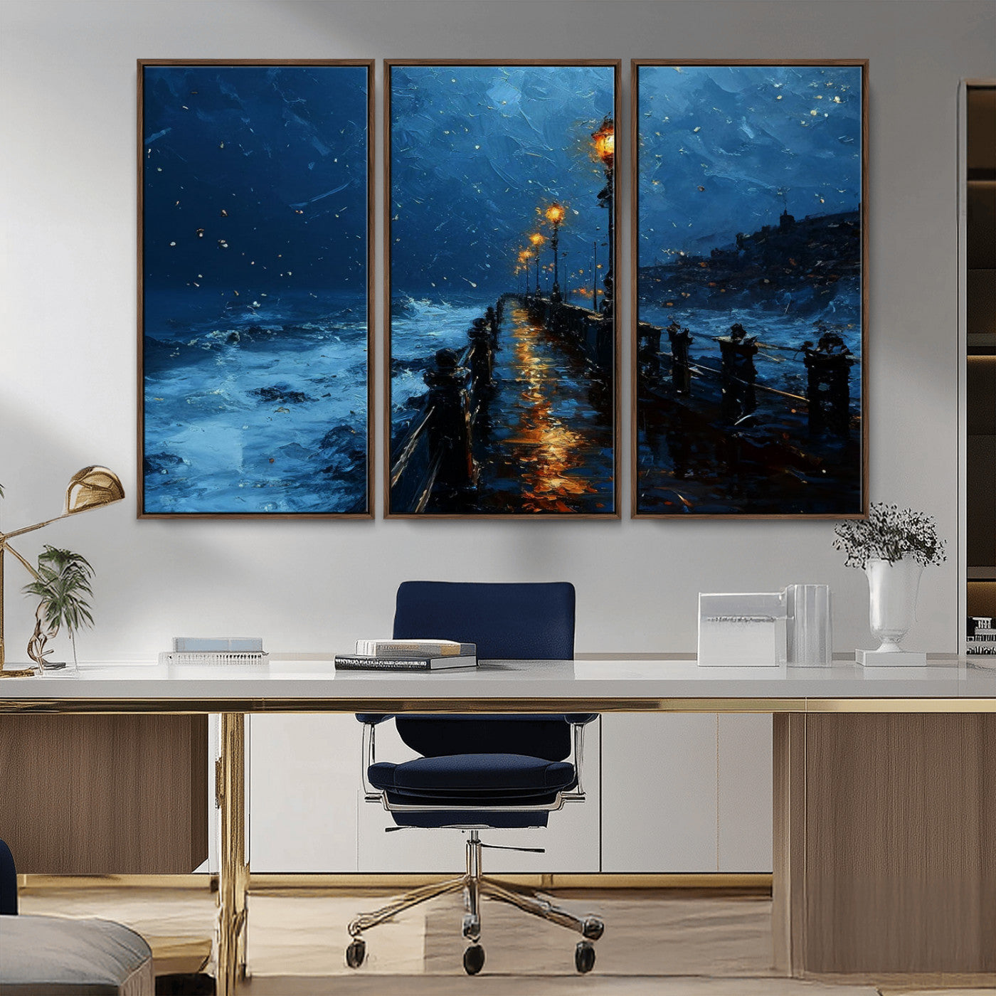 "Impressionistic painting of a rainy pier at night with glowing street lamps reflecting on the wet surface, ocean waves crashing under a dark blue sky."