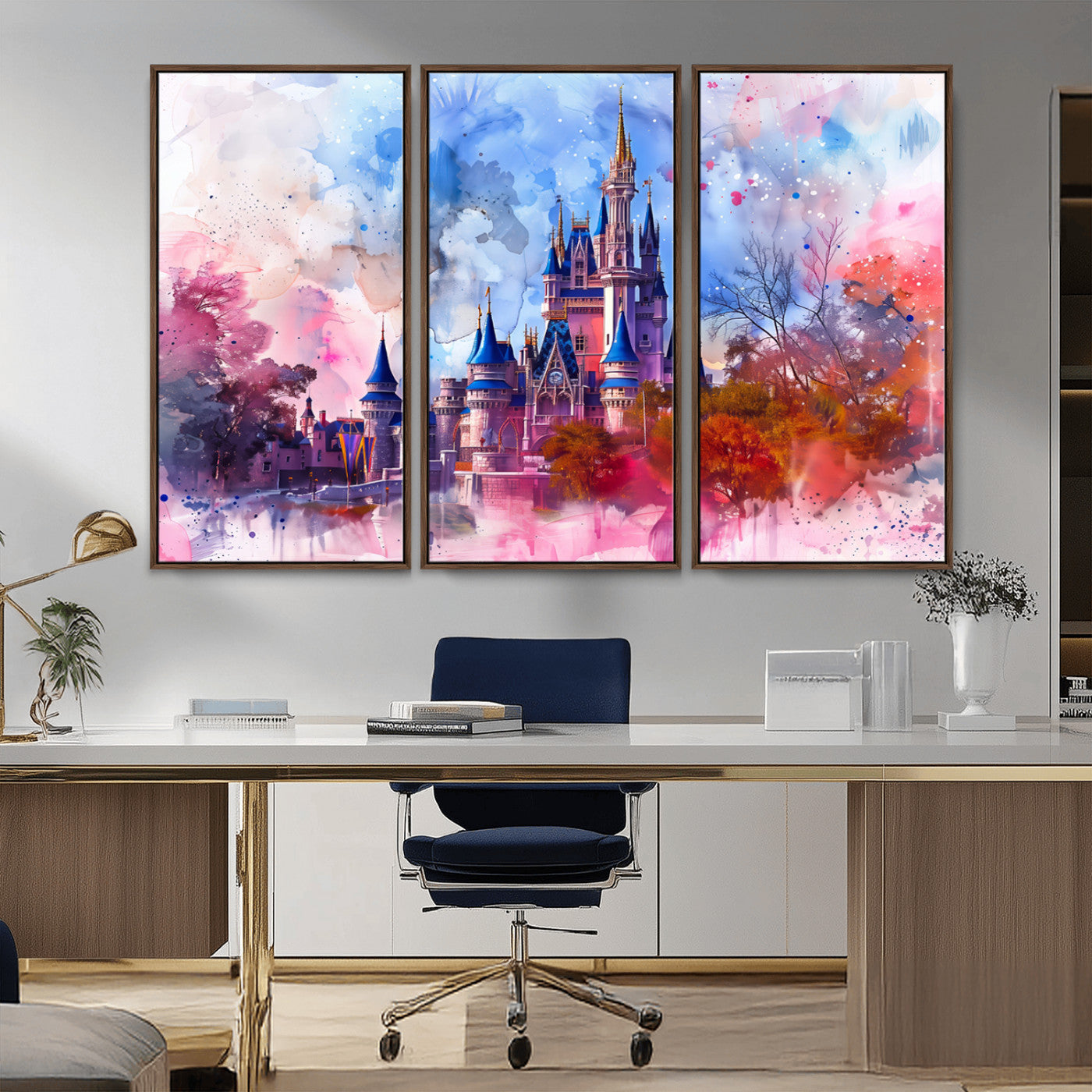 Watercolor canvas of a dreamy Disney-style castle in pastel pink and blue tones, perfect for fairytale or whimsical home decor.