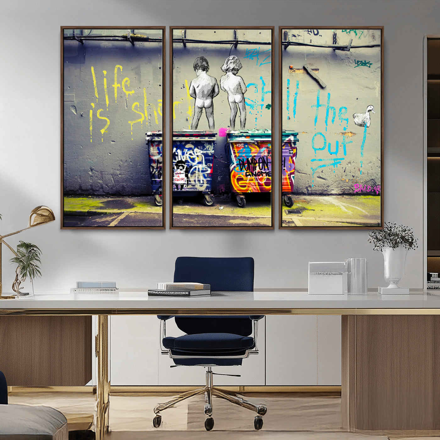 Graffiti-style canvas art with bold text and two naked figures over urban dumpsters, ideal for edgy or street-style decor.