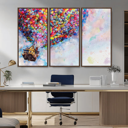 Whimsical canvas of the house from the movie Up flying with colorful balloons, ideal for Pixar or animation-themed decor.