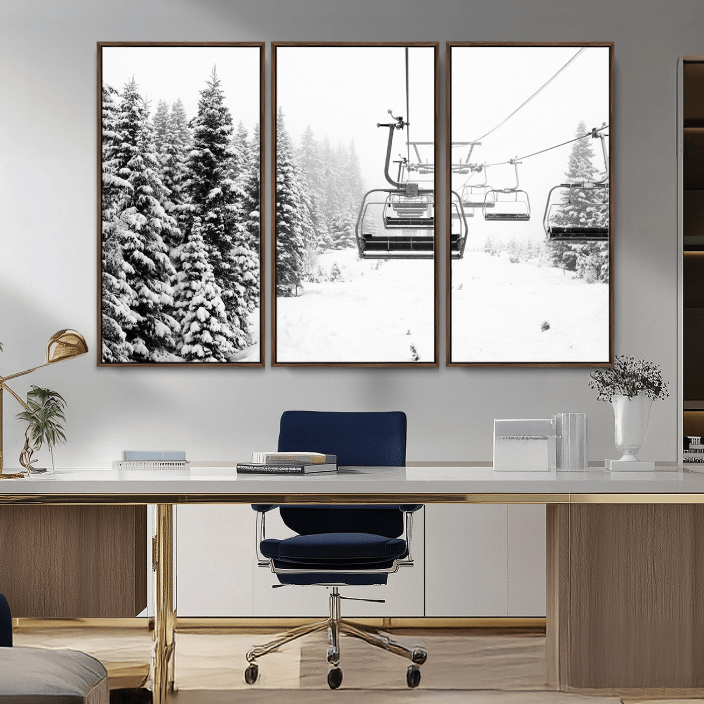 Black and white canvas of empty ski lifts over a snowy pine forest, perfect for minimal winter or ski lodge-inspired decor.