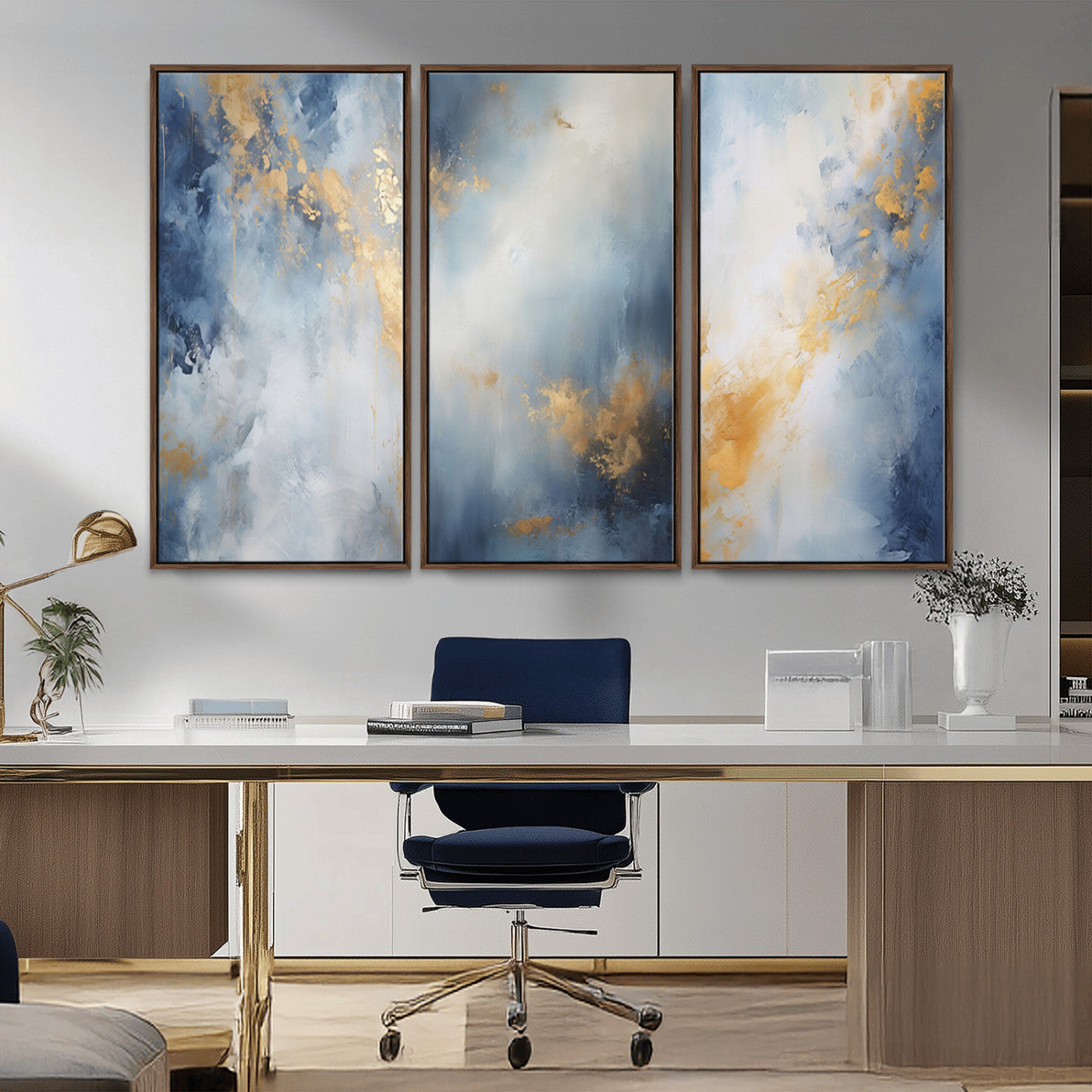 Abstract canvas art in soft blue and gold tones with textured brushstrokes, ideal for elegant or modern neutral decor spaces.