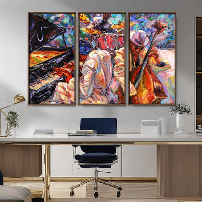 Vibrant oil painting of a jazz band with piano, saxophone, and bass, ideal for colorful and expressive music-themed home decor.