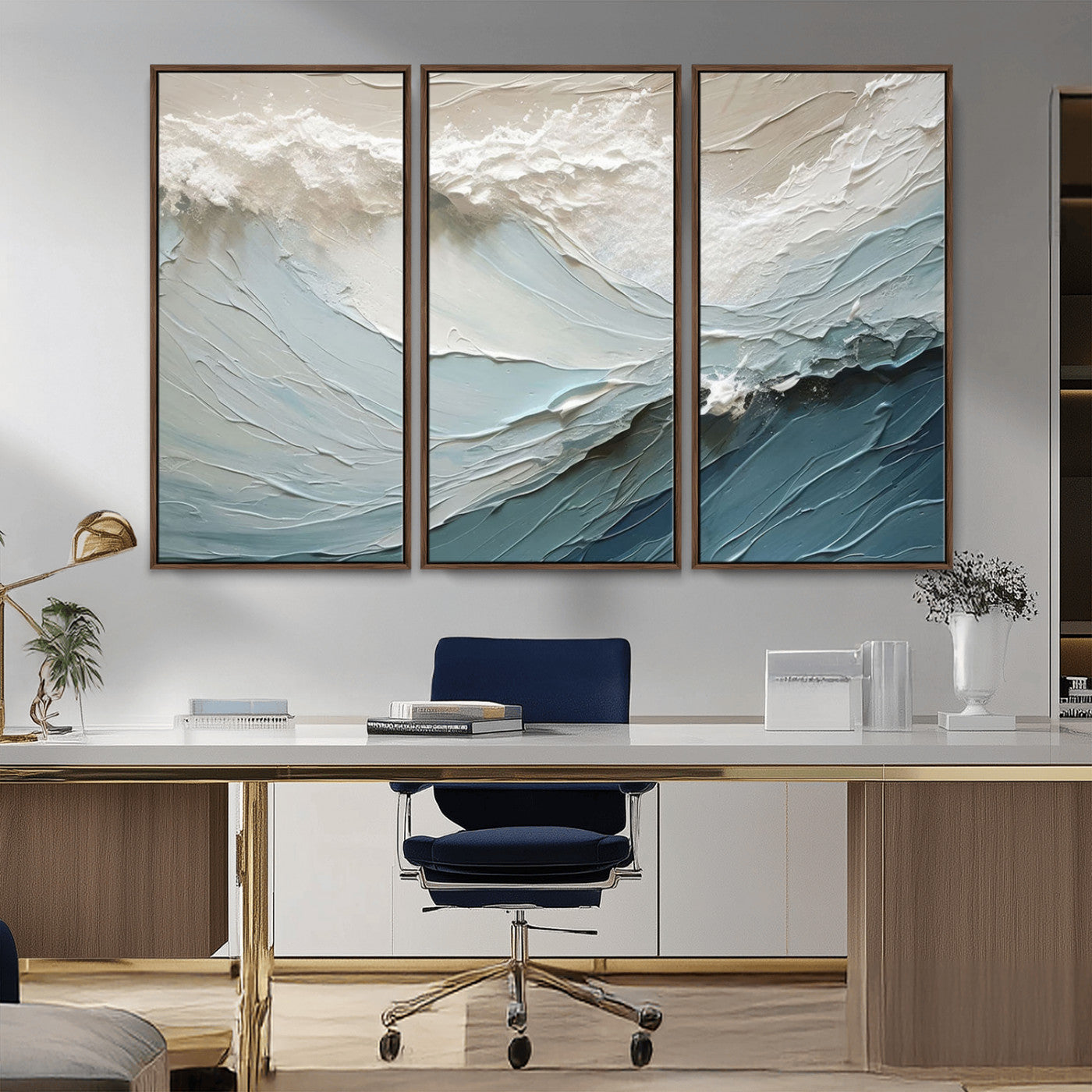 Textured canvas of ocean waves in soft coastal blues and creamy whites, ideal for modern or minimalist coastal-style interiors.