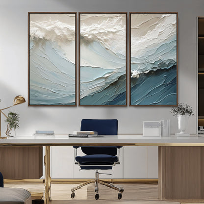 Textured canvas of ocean waves in soft coastal blues and creamy whites, ideal for modern or minimalist coastal-style interiors.