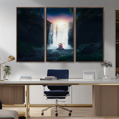 Romantic scene of Stitch and Angel sitting under a leaf in front of a glowing waterfall, ideal for tropical or fantasy-themed decor.