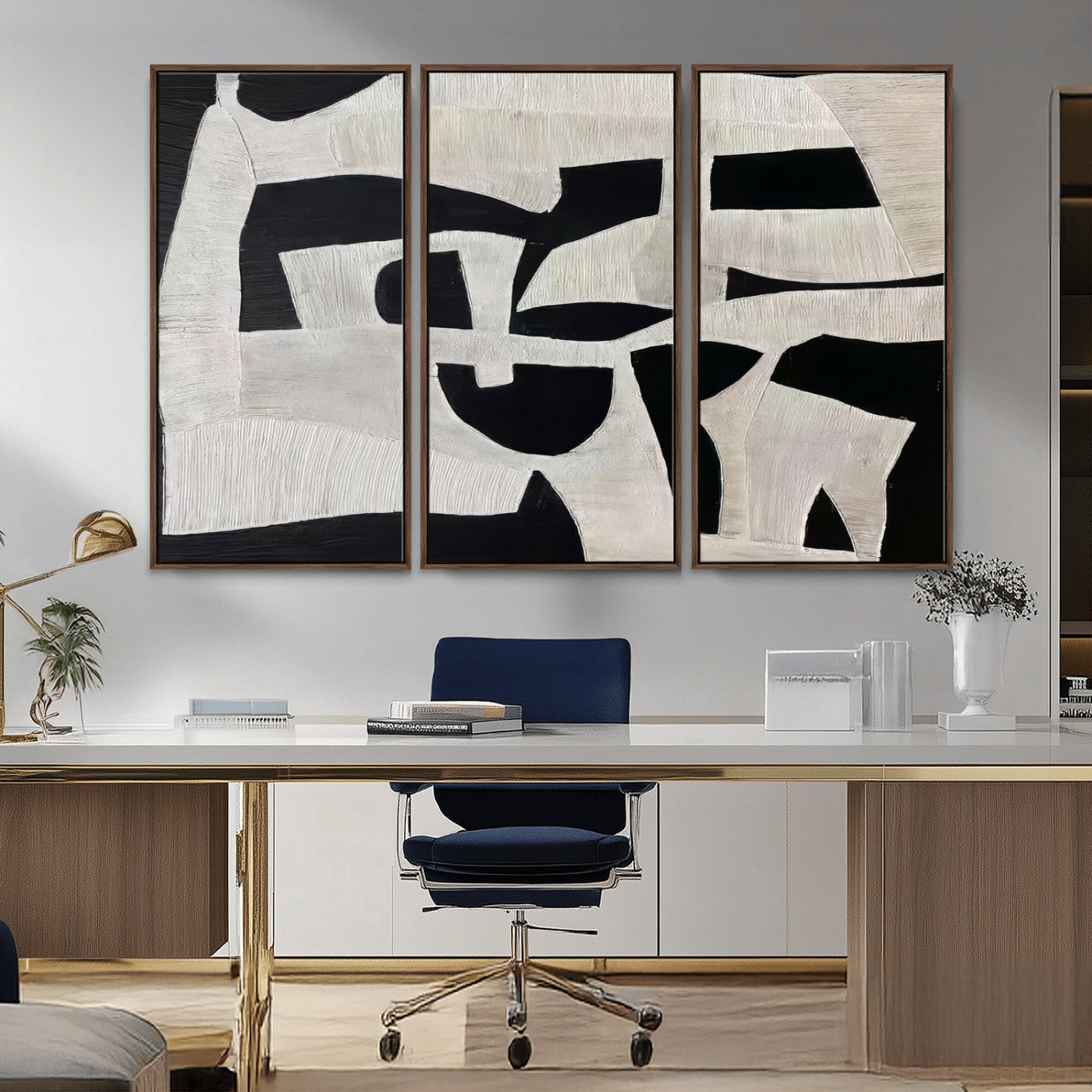 Minimalist black and white canvas featuring bold abstract textures and geometric shapes, ideal for modern neutral decor.