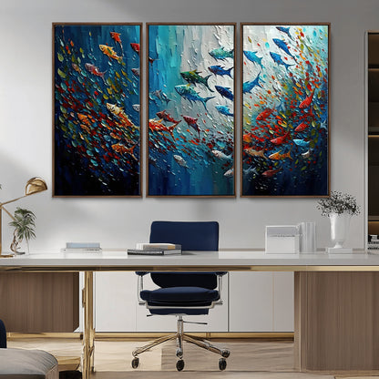 Colorful painting of fish swimming in abstract ocean swirls, perfect for vibrant marine-themed or expressive coastal home decor.
