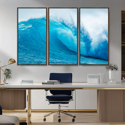 Vibrant canvas of a powerful curling ocean wave in tropical blue tones, perfect for coastal or surf-inspired decor settings.