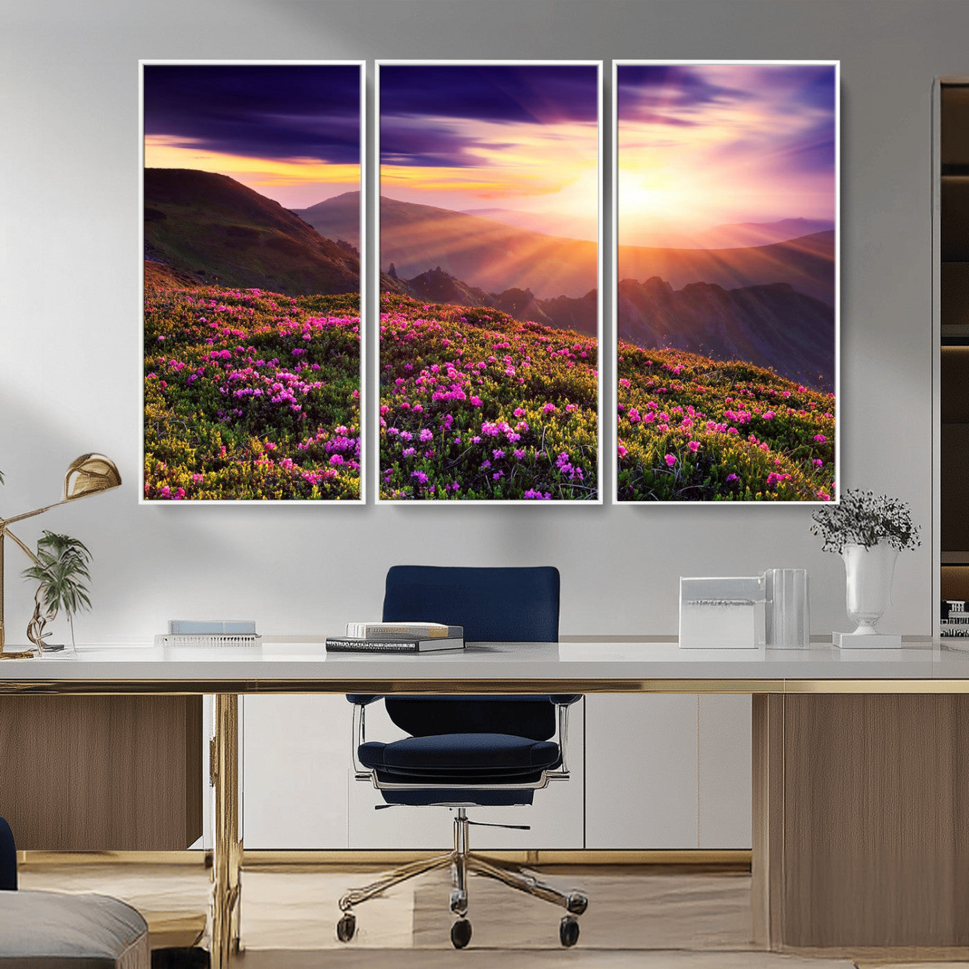 -Mountain Sunrise Wall Art – Vibrant Floral Landscape Canvas Print, Nature Home Decor for Living Room, Bedroom Office or Cabin