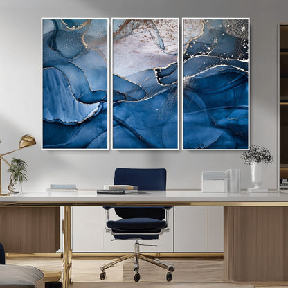 27810-MGV-FC-48X32-3P_White-Abstract Blue Gold Fluid Art Wall Decor – Modern Canvas Print, Elegant Home & Office Wall Art, Stylish Living Room or Bedroom Decoration