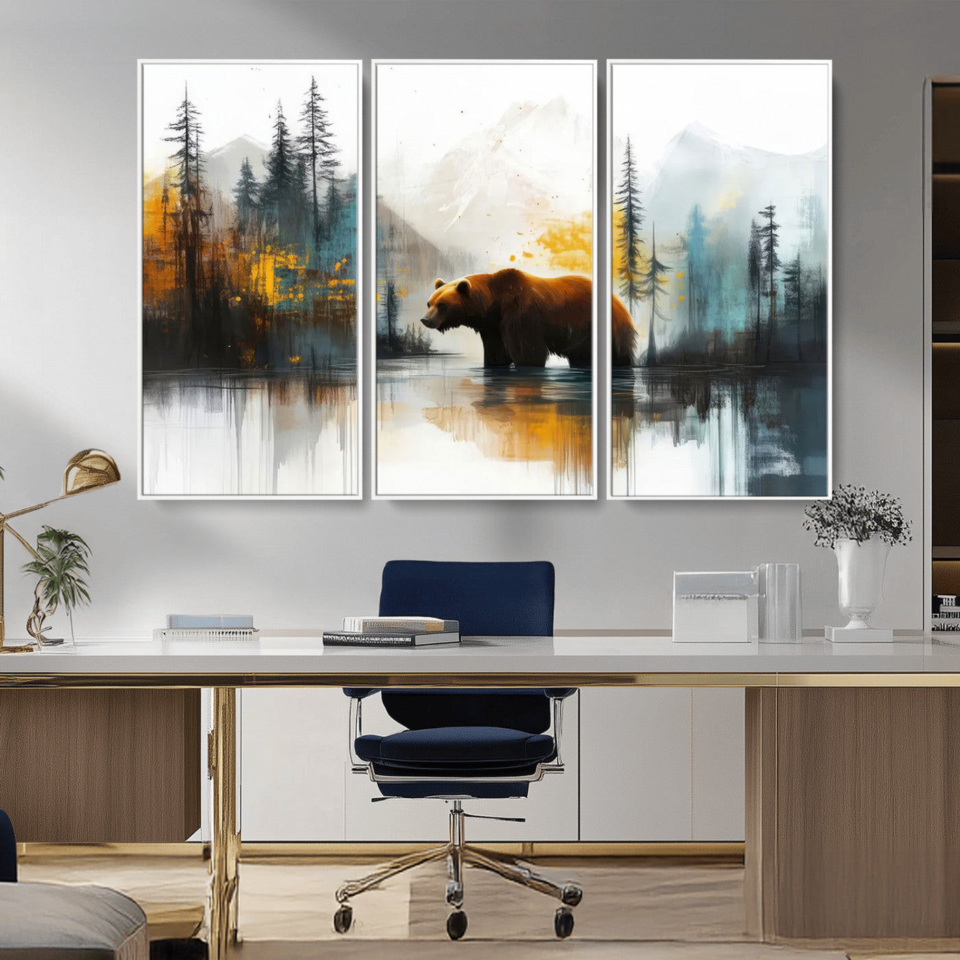 A majestic bear stands by the serene waters of a misty forest, surrounded by towering trees and distant mountains, evoking the raw beauty and wild spirit of nature.