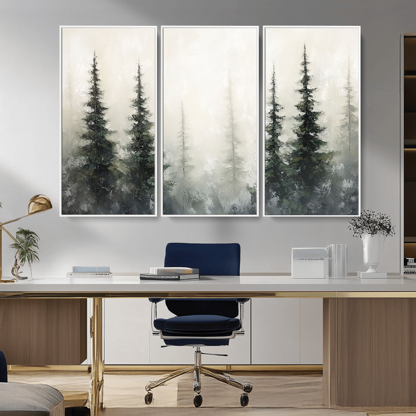 Soft and misty pine forest painting in neutral earthy tones, ideal for calm woodland or minimalist rustic home decor.